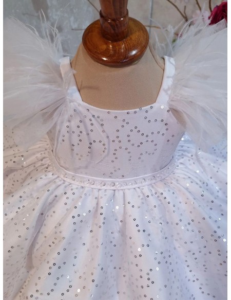 White Ballgown Sequined Flower Girl Dress with Puffy Sleeves