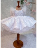White Ballgown Sequined Flower Girl Dress with Puffy Sleeves