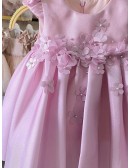 Pink Beaded Petals Satin Girls Party Dress For Weddings