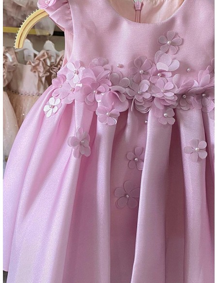 Pink Beaded Petals Satin Girls Party Dress For Weddings