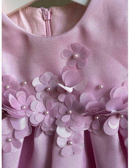Pink Beaded Petals Satin Girls Party Dress For Weddings