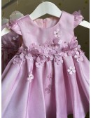 Pink Beaded Petals Satin Girls Party Dress For Weddings