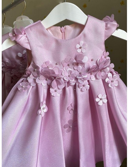 Pink Beaded Petals Satin Girls Party Dress For Weddings