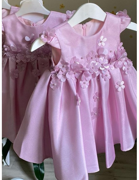 Pink Beaded Petals Satin Girls Party Dress For Weddings