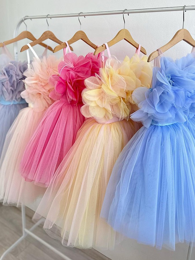 Fluffy Sleeves V Neck Coral Yellow Tulle Wedding Flower Girl Dress Kids Party