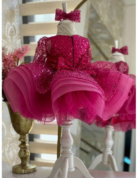 Hot Pink Ruffled Ballgown Girls Party Dress with Long Sleeves