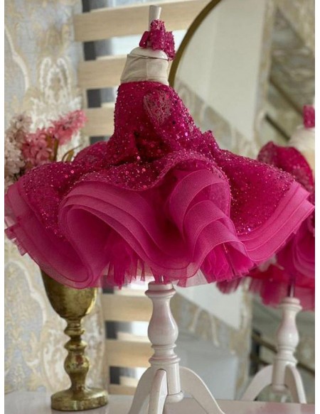 Hot Pink Ruffled Ballgown Girls Party Dress with Long Sleeves
