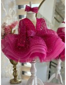 Hot Pink Ruffled Ballgown Girls Party Dress with Long Sleeves