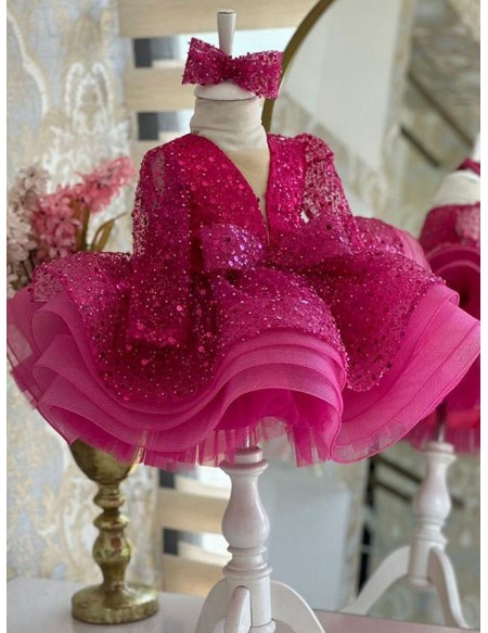 Hot Pink Ruffled Ballgown Girls Party Dress with Long Sleeves