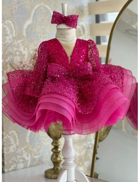 Hot Pink Ruffled Ballgown Girls Party Dress with Long Sleeves
