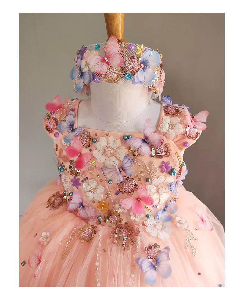Pink Puffy Tulle Butterflies Girls Birthday Party Dress TB4070 