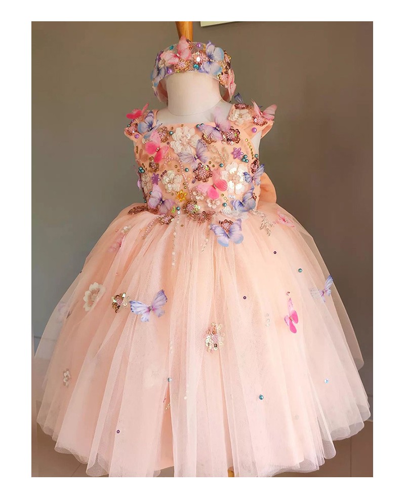 Pink Puffy Tulle Butterflies Girls Birthday Party Dress TB4070 