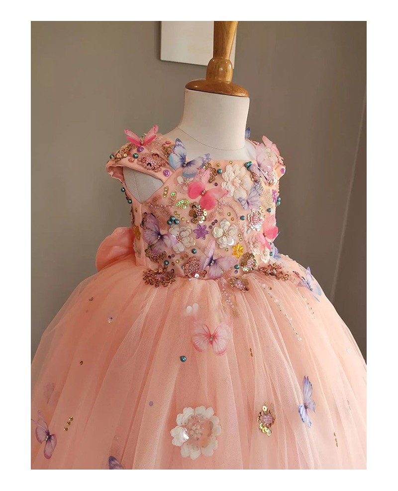 Pink Puffy Tulle Butterflies Girls Birthday Party Dress TB4070 