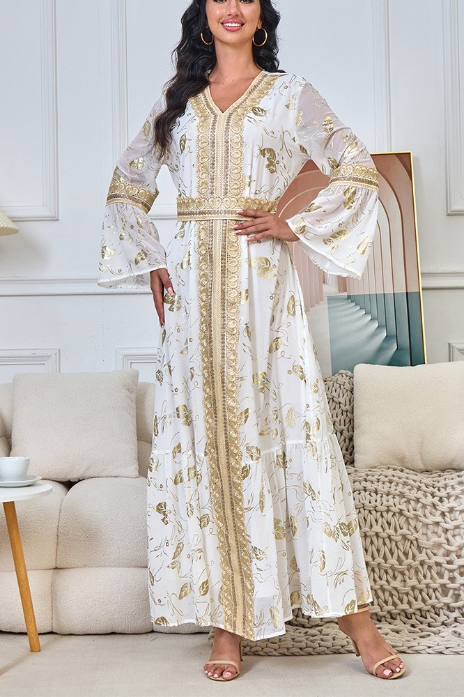 white and gold modest dress Modest Off-White Kaftan Dress with Premium Gold Embellishments 2XL / 58 / Matching Embroidered Scarf (24 X 71 Inches) main image 1