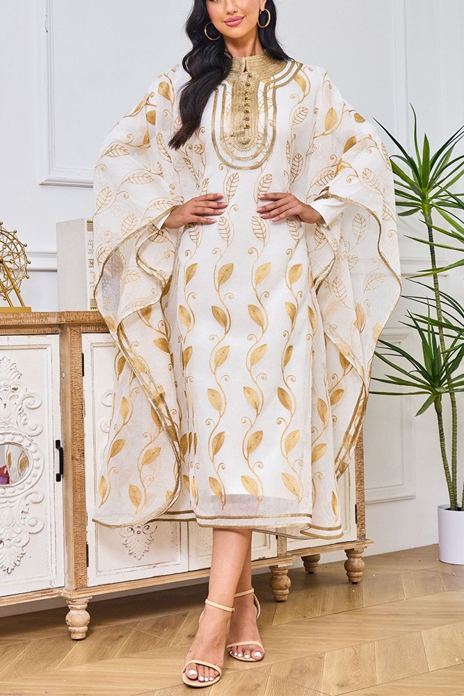 Contrast Color Embroidered Muslim Batwing Sleeves Loose Round-Neck Muslim Abaya Maxi Dresses