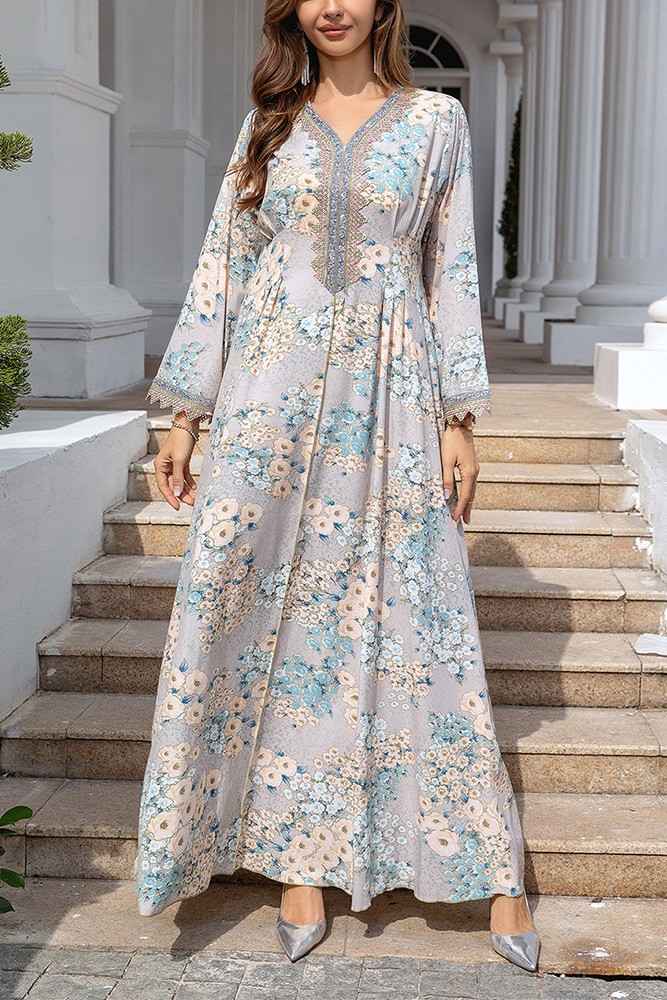 Modest Long Sleeved Floral Printed Maxi Muslim Fashion Dress #SMT023 -  GemGrace.com