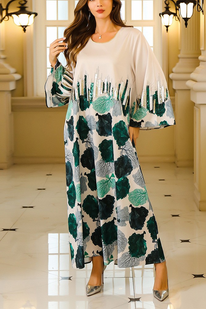 Modern Muslim Women’s Abstract Dotted Dress - 70118 Creme & Green main image 1