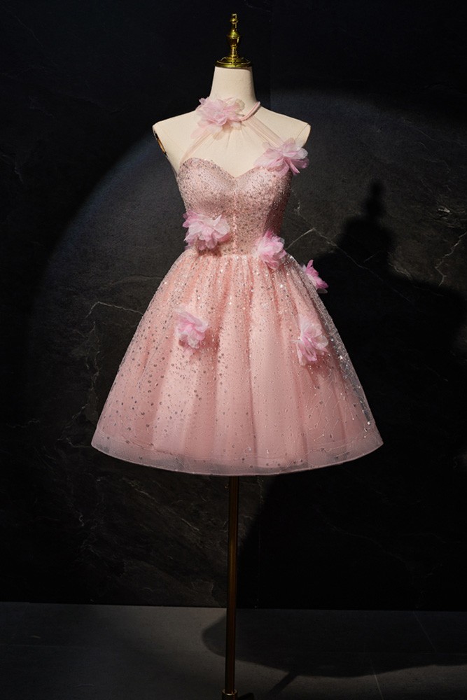 Cute Flowers Short Tulle Pink Party Dress, 3D Flowers Short Homecoming Dress