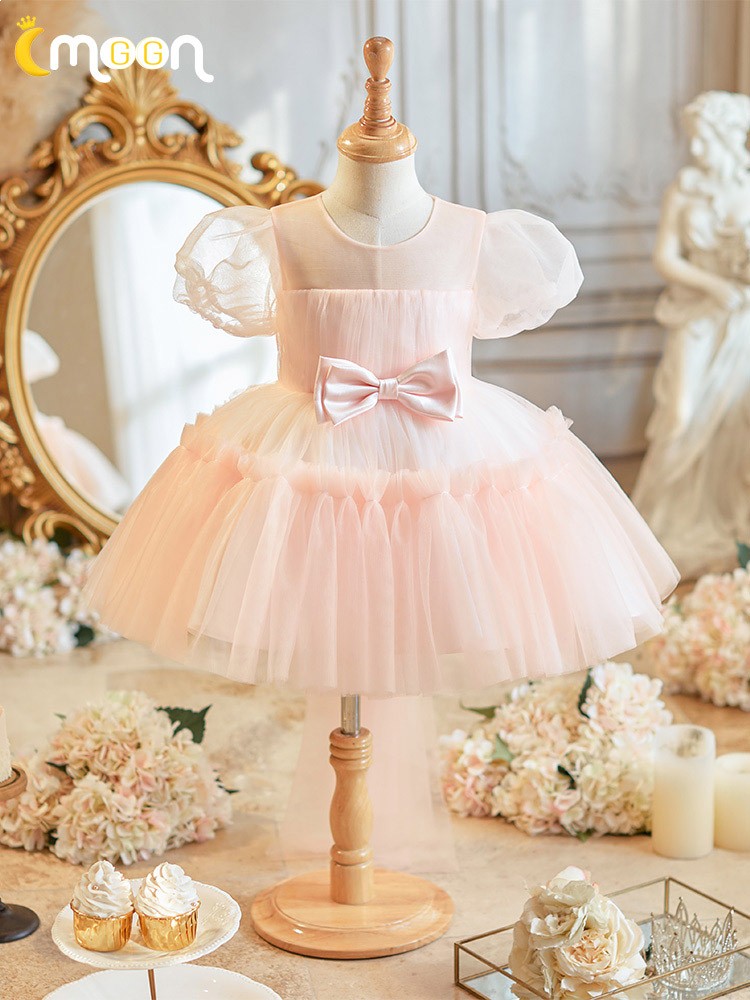 Pretty Dusty Pink Tulle Flower Girl Dress with Long Ruffle Sleeves and Spot
