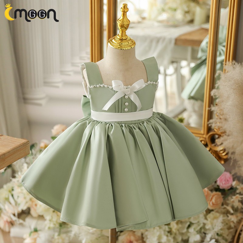 Jade Green Embroidered Satin Flower Girl Dress