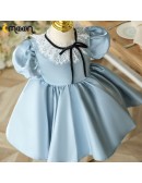 Blue Satin Ballgown Flower Girl Dress with Lace Collar