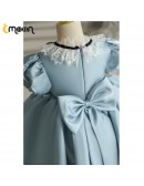 Blue Satin Ballgown Flower Girl Dress with Lace Collar