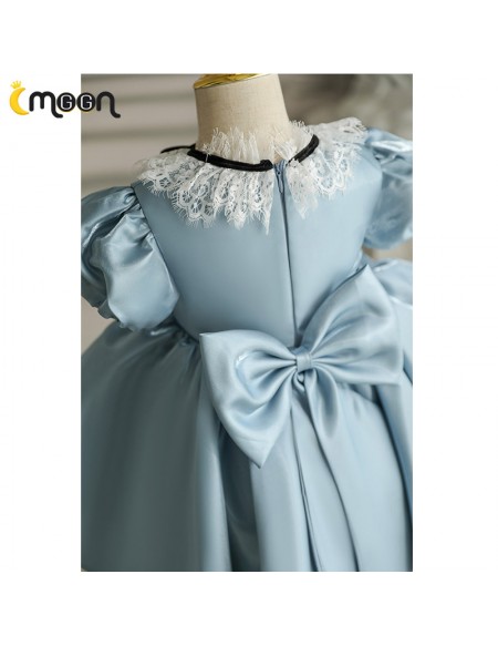 Blue Satin Ballgown Flower Girl Dress with Lace Collar