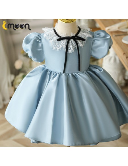 Blue Satin Ballgown Flower Girl Dress with Lace Collar