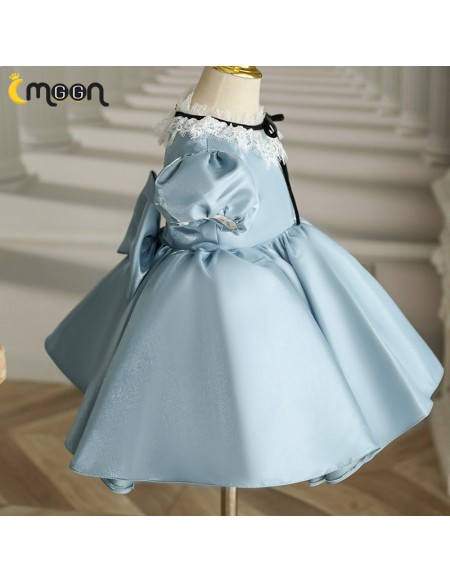 Blue Satin Ballgown Flower Girl Dress with Lace Collar