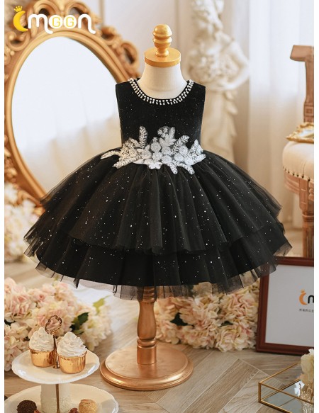 Bling Black Tulle Unique Flower Girl Dress with White Lace