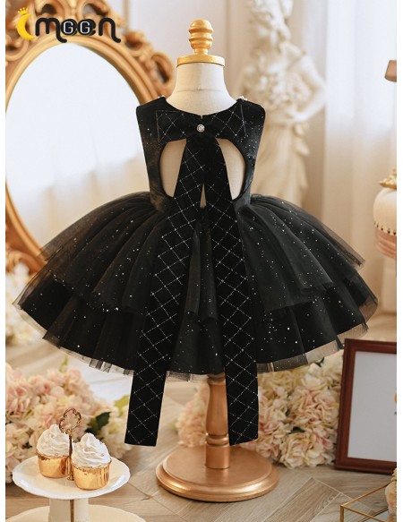 Bling Black Tulle Unique Flower Girl Dress with White Lace