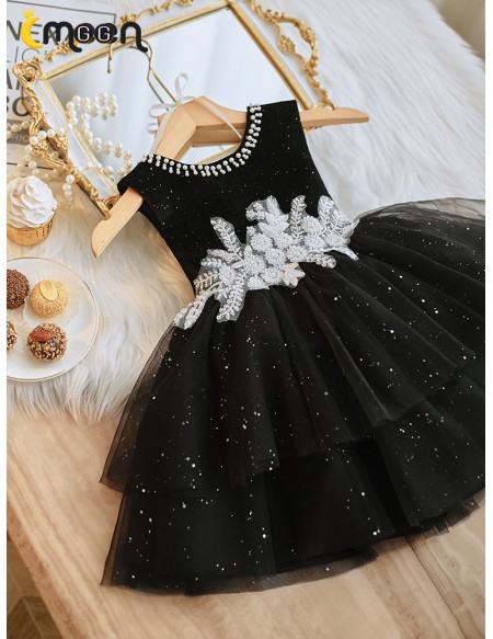 Bling Black Tulle Unique Flower Girl Dress with White Lace