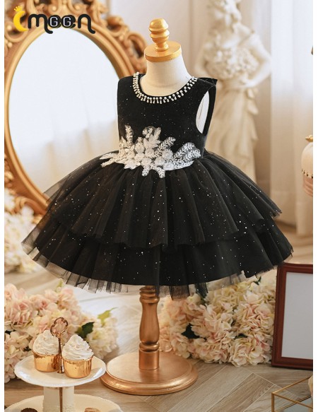 Bling Black Tulle Unique Flower Girl Dress with White Lace