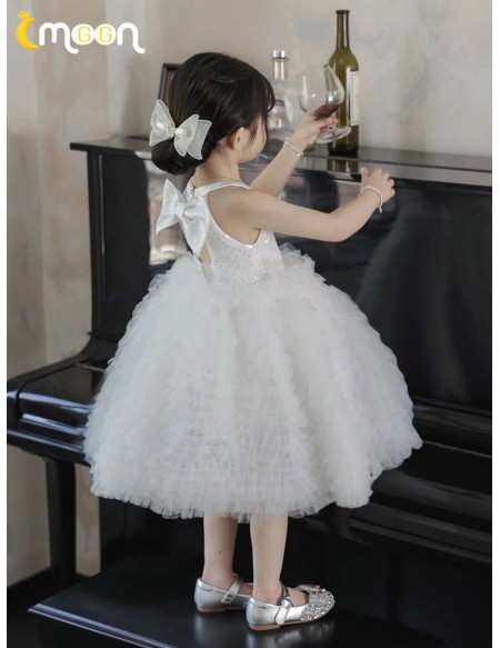 Halter Sequined White Tulle Flower Girl Dress with Bow In Back