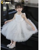 Halter Sequined White Tulle Flower Girl Dress with Bow In Back