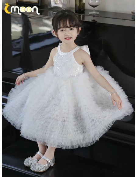 Halter Sequined White Tulle Flower Girl Dress with Bow In Back