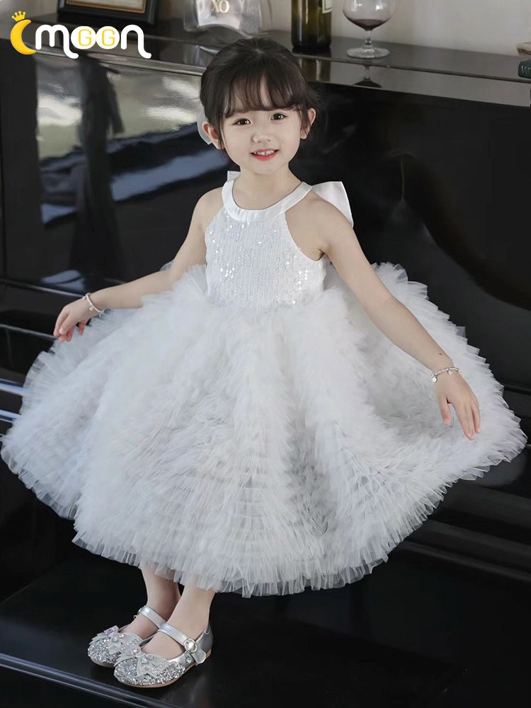 Jewel Sleeveless Polyester Flower Girl Dress with Bow and Tulle