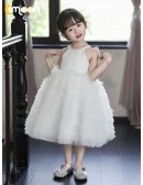 Halter Sequined White Tulle Flower Girl Dress with Bow In Back