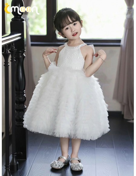 Halter Sequined White Tulle Flower Girl Dress with Bow In Back