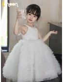 Halter Sequined White Tulle Flower Girl Dress with Bow In Back