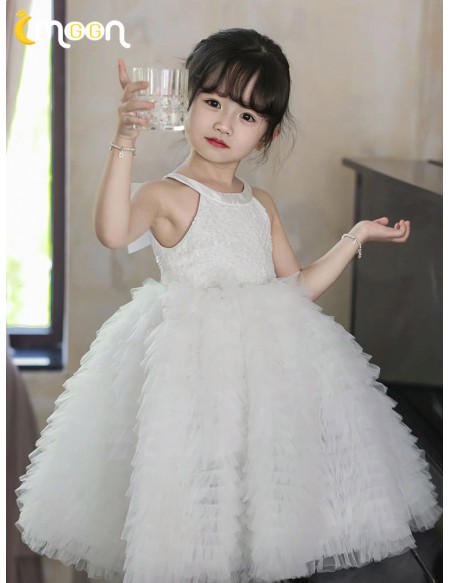 Halter Sequined White Tulle Flower Girl Dress with Bow In Back