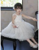 Halter Sequined White Tulle Flower Girl Dress with Bow In Back