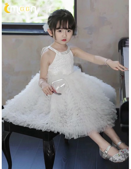 Halter Sequined White Tulle Flower Girl Dress with Bow In Back