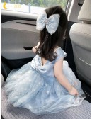 Cute Blue Tulle Girls Party Dress Sleeveless