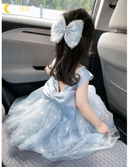Cute Blue Tulle Girls Party Dress Sleeveless