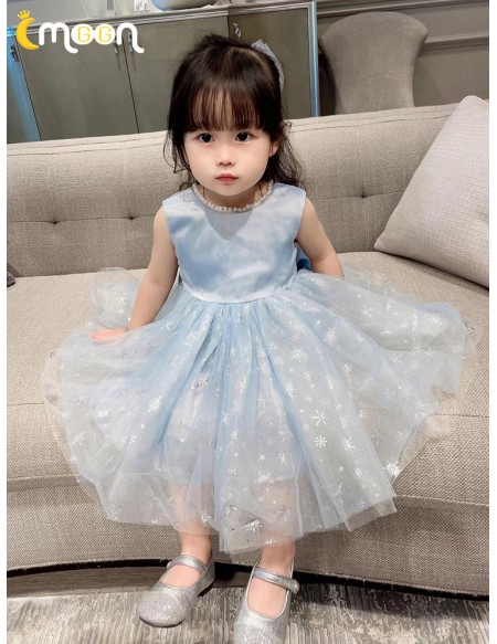 Cute Blue Tulle Girls Party Dress Sleeveless