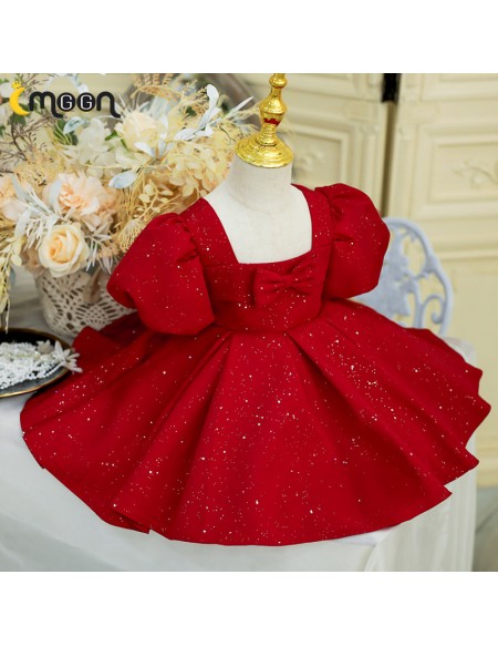 Burgundy Bling Ruffled Girls Party Dress with Sleeves