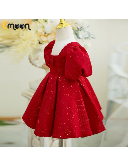 Burgundy Bling Ruffled Girls Party Dress with Sleeves