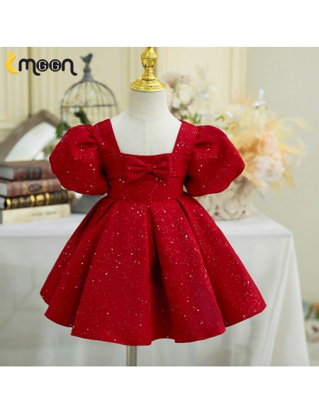 Burgundy Bling Ruffled Girls Party Dress with Sleeves