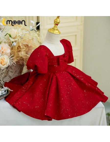 Burgundy Bling Ruffled Girls Party Dress with Sleeves